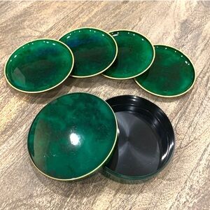 Black and Green Malachite Vintage Otagiri Lacquerware Lidded Box with 4 Coasters